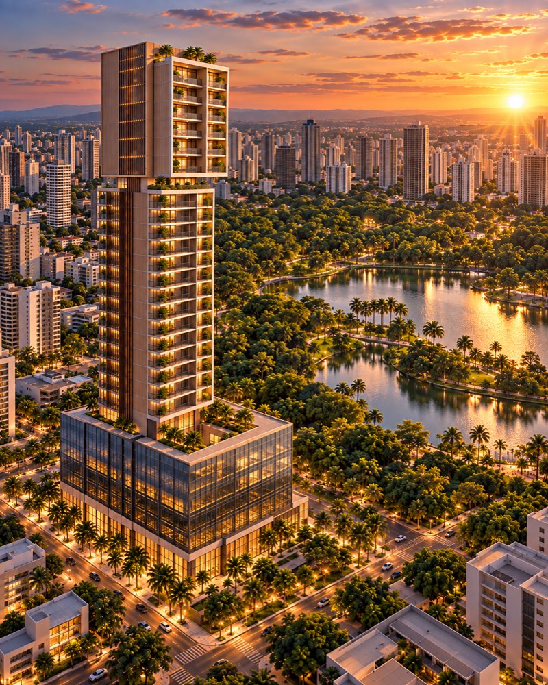 Perspectiva ilustrativa do T-30 ao pôr do sol, ao lado do Parque Vaca Brava, no Setor Bueno, em Goiânia